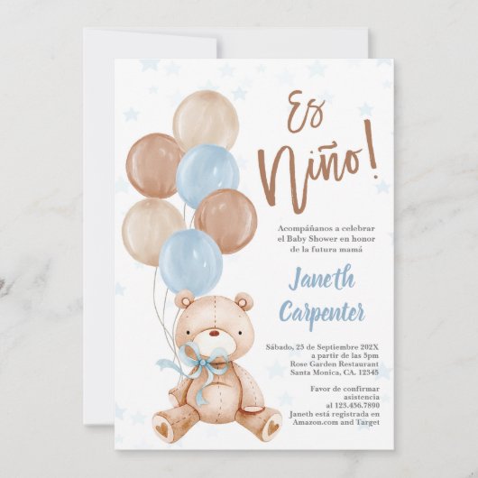 Spaans Teddybeer Baby shower jongensuitnodiging Kaart (Voorkant)