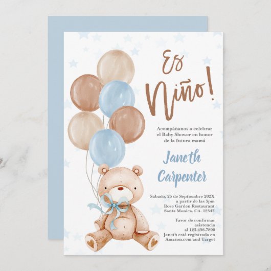 Spaans Teddybeer Baby shower jongensuitnodiging Kaart (Voorkant / Achterkant)