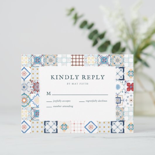Spaans Tegel bruiloft RSVP Kaart (Staand voorkant)