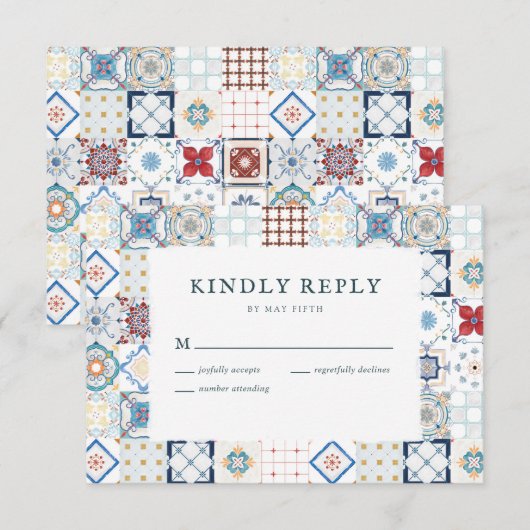 Spaans Tegel bruiloft RSVP Kaart (Voorkant / Achterkant)