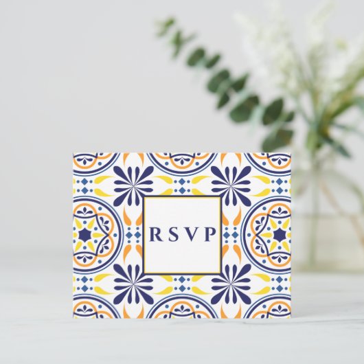 Spaans tegel geel marine bruiloft RSVP MAALTIJD KE Uitnodiging Briefkaart (Staand voorkant)