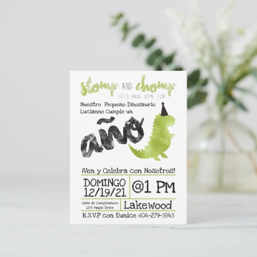 Spaans thema Little Dino Dinosaur Boy Stomp Briefkaart (Staand voorkant)