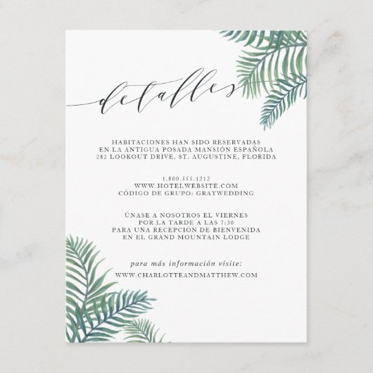 SPAANS Tropisch Bladgroen Bruiloft Gast Details Informatiekaartje (Voorkant)