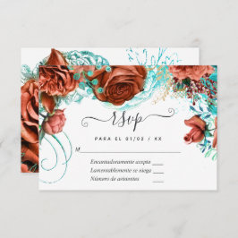 Spaans Turquoise - Blauwgroen en koraal Floral Wed RSVP Kaartje