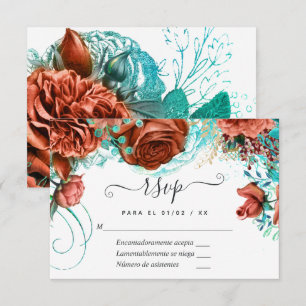 Spaans Turquoise - Blauwgroen en koraal Floral Wed RSVP Kaartje