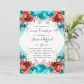 Spaans Turquoise & Coral Floral repesal Dinner Kaart (Staand voorkant)