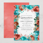 Spaans Turquoise en Coral Floral Quinceañera Inv Kaart (Voorkant / Achterkant)