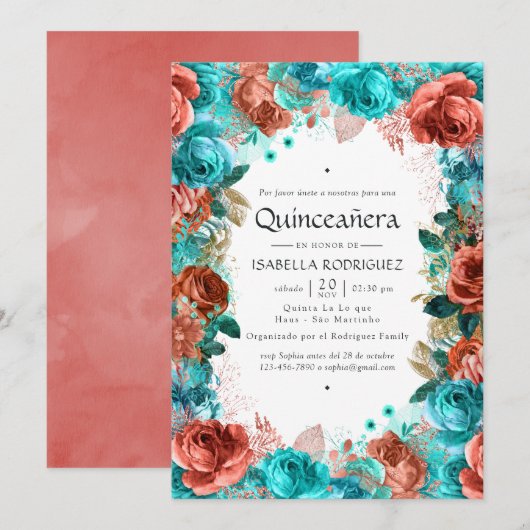 Spaans Turquoise en Coral Floral Quinceañera Inv Kaart (Voorkant / Achterkant)