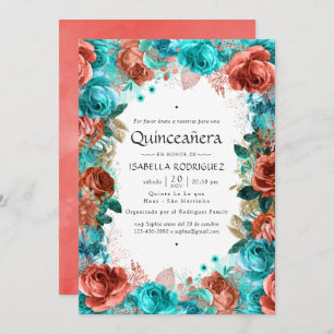 Spaans Turquoise en Coral Floral Quinceañera Inv Kaart