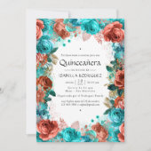 Spaans Turquoise en Coral Floral Quinceañera Kaart (Voorkant)