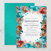 Spaans Turquoise en Coral Floral Quinceañera Kaart (Voorkant / Achterkant)