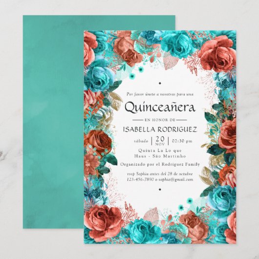 Spaans Turquoise en Coral Floral Quinceañera Kaart (Voorkant / Achterkant)