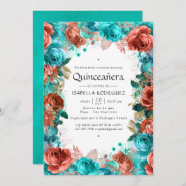 Spaans Turquoise en Coral Floral Quinceañera Kaart