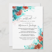 Spaans Turquoise en Coral Floral Virtual Wedding Kaart (Voorkant)