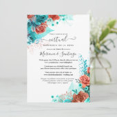 Spaans Turquoise en Coral Floral Virtual Wedding Kaart (Staand voorkant)