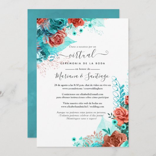 Spaans Turquoise en Coral Floral Virtual Wedding Kaart (Voorkant / Achterkant)