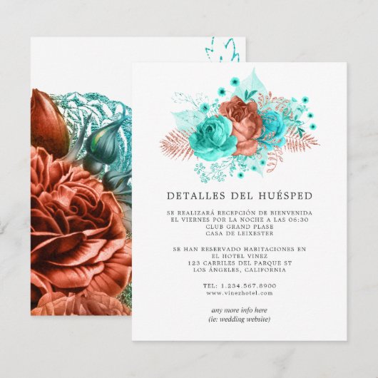 Spaans Turquoise en Coral Wedding Guest - Gegevens Informatiekaartje (Voorkant / Achterkant)