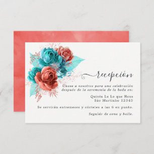 Spaans Turquoise en Coral Wedding Reception Encl Informatiekaartje