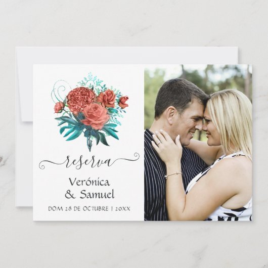 Spaans Turquoise en Coral Wedding Save the Date (Voorkant)