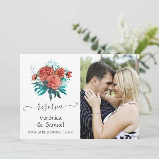 Spaans Turquoise en Coral Wedding Save the Date (Staand voorkant)