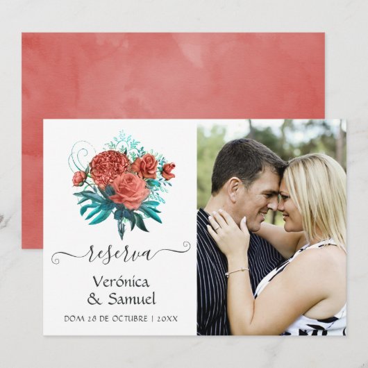 Spaans Turquoise en Coral Wedding Save the Date (Voorkant / Achterkant)