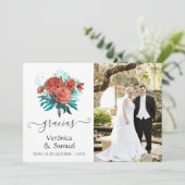 Spaans Turquoise en koraal Tropical Wedding Bedankkaart (Staand voorkant)