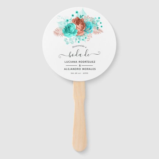 Spaans Turquoise en koraaltropisch huwelijk Handwaaier (Voorkant)