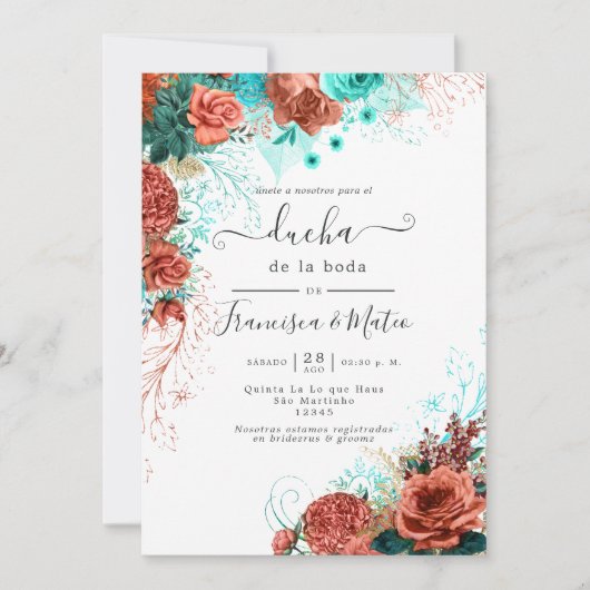 Spaans Turquoise en Koral Floral Wedding Shower Kaart (Voorkant)