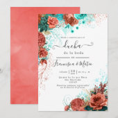Spaans Turquoise en Koral Floral Wedding Shower Kaart (Voorkant / Achterkant)