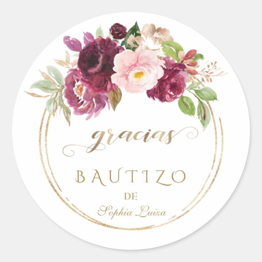 Spaans Uniek Burgundy Blush Floral Gold Bautizo Ronde Sticker (Voorkant)