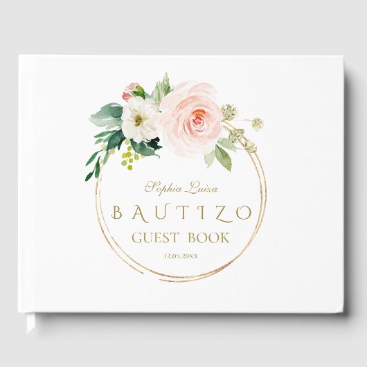 Spaans Uniek Roze Blush Floral Gold Bautizo Gastenboek (Voorkant)