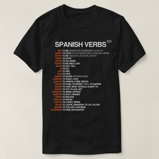 Spaans Verbs 101 Spaans taalblad T-shirt (Design voorkant)