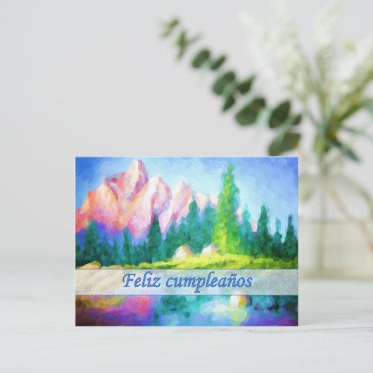 Spaans Verjaardag Roze Berg Briefkaart (Staand voorkant)