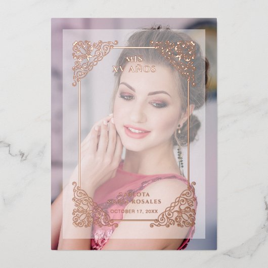 Spaans  Vlaams Vellum Effect Mis XV Años Folie Uitnodiging (Voorkant)