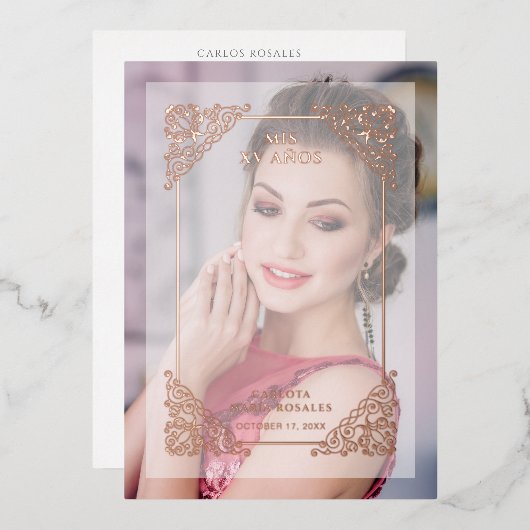 Spaans Vlaams Vellum Effect Mis XV Años Folie Uitnodiging (Voorkant / Achterkant)