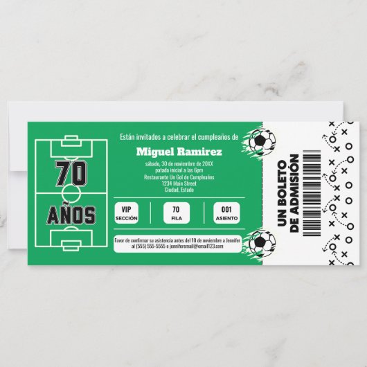 Spaans voetbalticket voor 70e verjaardagsfeest kaart (Voorkant)