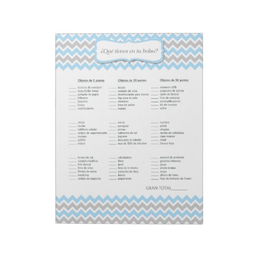 SPAANS Wat zit er in je handtas Baby shower? Notitieblok (Linkerzijde)