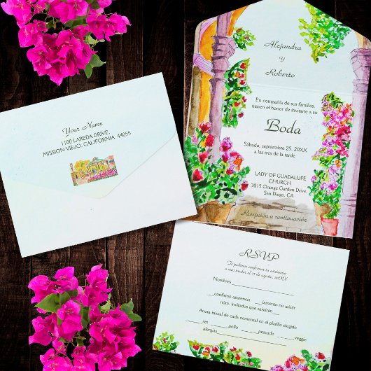 Spaans, Waterverf Bloemen Oude Stad Mexico Huwelij All In One Uitnodiging
