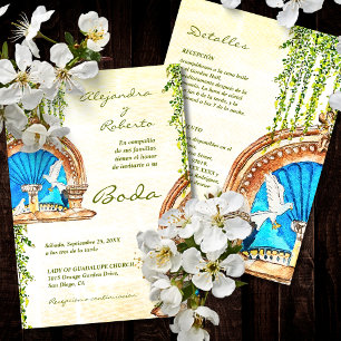 Spaans Waterverf Old Mexico Fountain Wedding Kaart