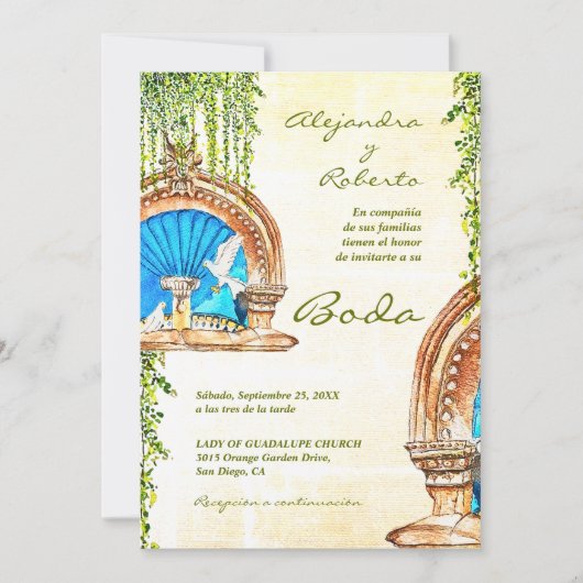 Spaans Waterverf Old Mexico Fountain Wedding Kaart (Voorkant)
