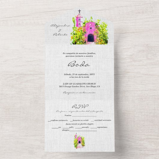 Spaans, Waterverf Roze Kapel Mexicaanse bruiloft All In One Uitnodiging (Binnen)
