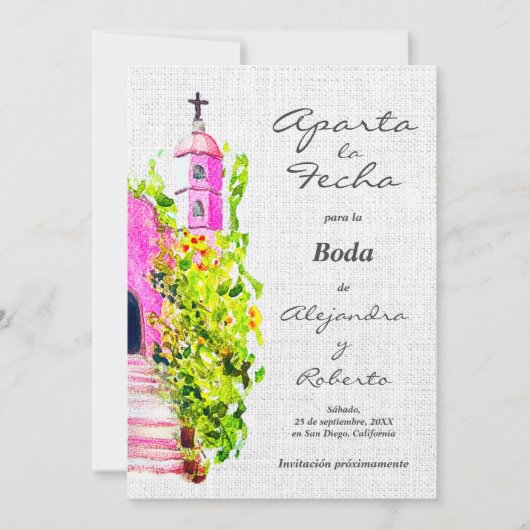 Spaans, Waterverf Roze Kapel Trouwen Save Datum Kaart (Voorkant)