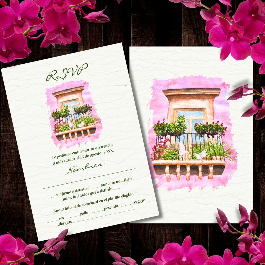 Spaans, Waterverf stad Balkon Mexicaanse bruiloft Kaart