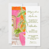 Spaans Waterverf Tropisch Roze w / Details Huwelij Kaart (Voorkant)