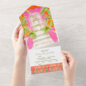 Spaans, Waterverf Tropische Roze Koraal bruiloft All In One Uitnodiging (Afscheurbaar)