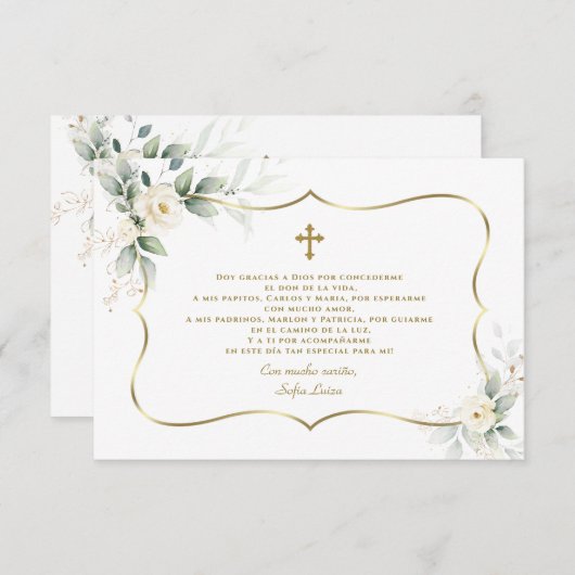 Spaans-witte bloemen Gracias Con Oración Bautizo Bedankkaart (Voorkant / Achterkant)