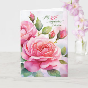 Spaanse 85e verjaardag Roze Rozen met Naam Kaart