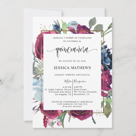Spaanse Agate Burgundy, Berry Floral Quinceañera Kaart (Voorkant)