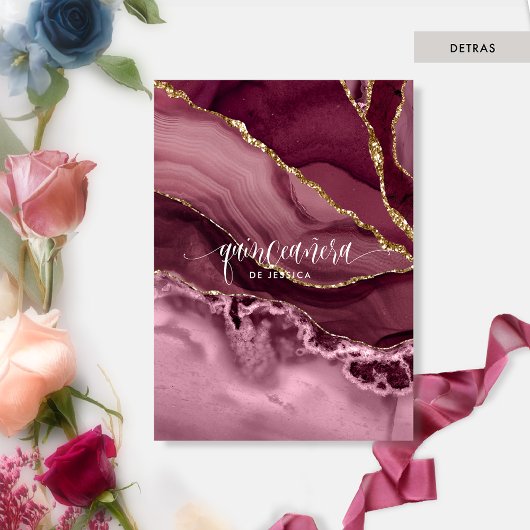 Spaanse Agate Burgundy, Berry Floral Quinceañera Kaart