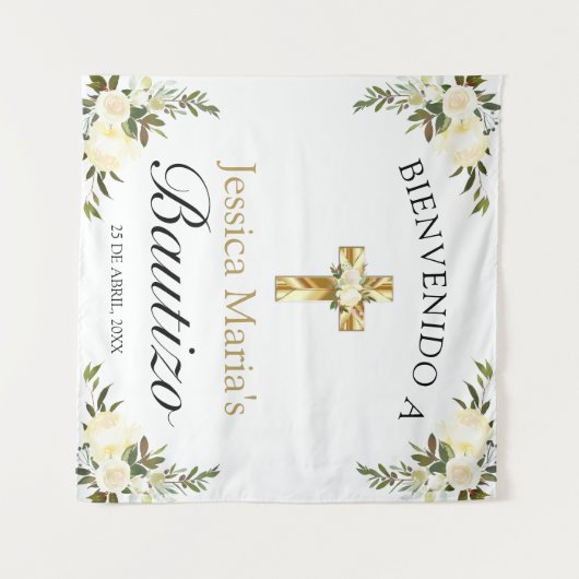 Spaanse baby doop bloemrijke gouden kruis welkom wandkleed (Voorkant (horizontaal))